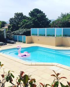 a swimming pool with a pink swan in it at Villas CALA CORSA - 3 et 4 Chambres - CALA ROSSA Porto-Vecchio - Villas entièrement Climatisées avec Piscine Chauffée partagée et Piscines Privées - Internet gratuit in Porto-Vecchio