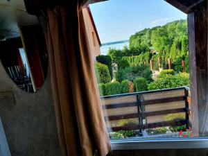a window with a view of a garden at Juno Holiday in Mrągowo
