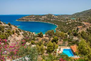 a view of a lake on a hill with flowers at Oasis Resort in Pefkali