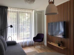 uma sala de estar com uma televisão e uma cadeira roxa em 11 Pine View em Ķesterciems