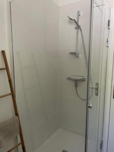 um chuveiro com uma porta de vidro na casa de banho em Ker valyan em Cancale
