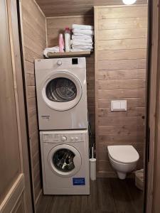 ein kleines Bad mit einer Waschmaschine und einem WC in der Unterkunft Instant Méribel in Les Allues