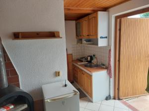 a small kitchen with a sink and a refrigerator at apartmán v areálu Hospoda u Dračice in Suchdol nad Lužnicí