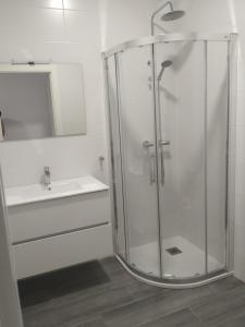 GRUPOELE3 MUXIA PUERTO في موتشيا: دش زجاجي في حمام مع حوض