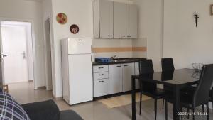 a kitchen with a white refrigerator and a table with chairs at Apartmani MILLE in Starigrad