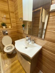 a bathroom with a white sink and a toilet at Nirvana Lux Apartman Zlatar in Brdo