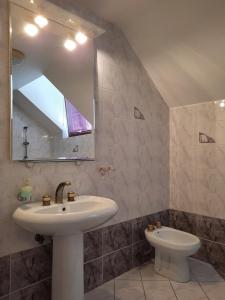 y baño con lavabo, espejo y aseo. en Rooms Čehovin en Postojna
