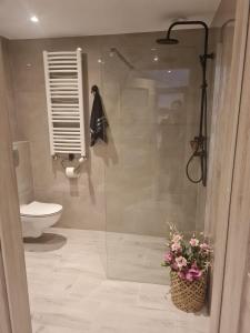 een badkamer met een glazen douche en een toilet bij Apartament w Augustowie in Augustów
