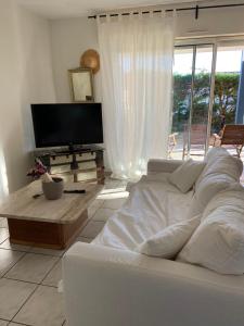 a living room with a white couch and a television at Grand appartement en résidence calme avec piscine in Saint-Paul-lès-Dax