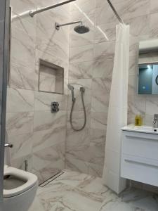 a bathroom with a shower with a toilet and a sink at Apartamentai Pas Liną in Nida