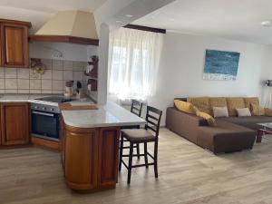 a kitchen and a living room with a couch at Apartment Rosello with private parking place 50m from the beach in Novigrad Istria