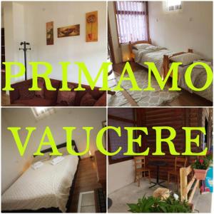 a collage of pictures of a room with a pinkam village at Apartman Milica in Kremna
