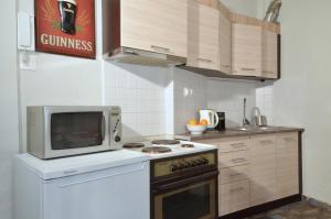 uma cozinha com um micro-ondas e um fogão forno superior em Stathmos Larissis A, a cozy 2BR Apartment, Clo... em Atenas