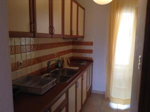 a kitchen counter with a sink and a window at Antonia Apartments in Fira