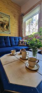 奧斯特魯達的住宿－Domek nad jeziorem - Mazur House，一张桌子上放着三杯和碟子