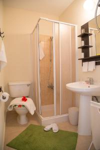 y baño con ducha, aseo y lavamanos. en Paphos Love Nest Apartment, en Pafos