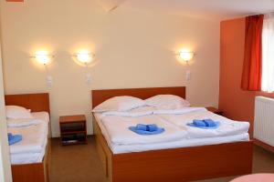a bedroom with two beds with blue pillows on them at Hotel Pamira in Sibiu
