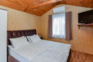 a bedroom with a bed with a television and a window at Namelio nuoma in Palanga