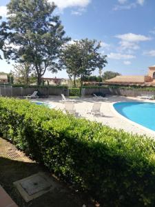 a yard with a pool and chairs and trees at Villa V2 U in Olhos de Água