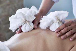 a woman with white flowers on her back at Antigoni Seaside Resort in Ormos Panagias