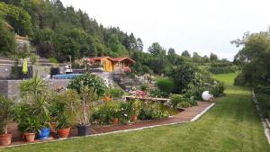 einen Garten mit Blumen und Pflanzen im Hof in der Unterkunft All Senses Ferienwohnung in Hirschbach