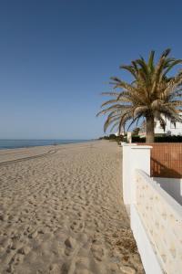 a beach with two palm trees and a white fence at Casas Blancas Parque Montroig in Miami Platja +6 photos
