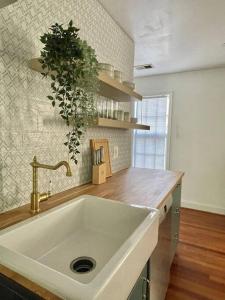 een keuken met een grote witte wastafel in een keuken bij Brand New, Cozy, Modern, One-bedroom Apartment in Falls Church