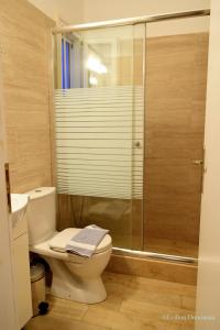 a bathroom with a toilet and a glass shower at Evilion Donoussa Studios in Donoussa
