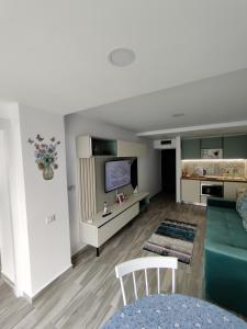 a living room with a couch and a tv at Euphoria Olimp in Olimp