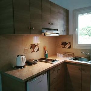 a kitchen with wooden cabinets and a counter top at Evilion Donoussa Studios in Donoussa