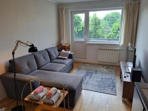 a living room with a couch and a window at Volvi Apartment in Tallinn