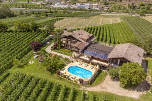 een luchtzicht op een huis in een wijngaard met een zwembad bij Residence Sonja in Naturno