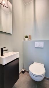 a bathroom with a white toilet and a sink at Appartement cosy et familial avec terrasse in Theux