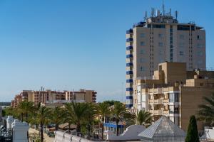 - une vue sur une ville avec des palmiers et des bâtiments dans l'établissement Cabildo Spa 1, à Sanlúcar de Barrameda