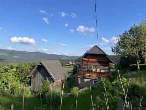 an old wooden house in a field with mountains in the background at Andi's Berghütte in Weitensfeld +6 photos