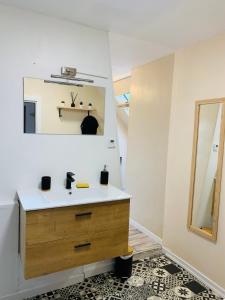 ein Bad mit einem Waschbecken und einem Spiegel in der Unterkunft Le Cocon de la Mare in Les Granges
