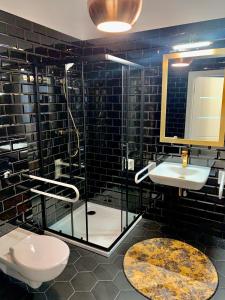 a bathroom with a shower and a sink and a toilet at Apartamenty Green in Stargard +7 photos