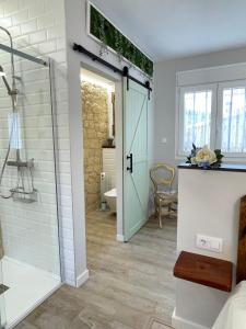 baño con ducha y puerta de cristal en Apartamentos LA SOMERA, en Alhama de Aragón