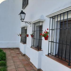 uma parede branca com três janelas com vasos de flores em Hotel Valsequillo em Lepe