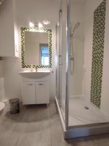 Un baño con ducha, lavabo y espejo. en Apartament Centrum u Marianny, en Częstochowa