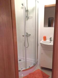 a shower with a glass door in a bathroom at 3 bedrooms house with furnished terrace and wifi at Ponta Delgada in Ponta Delgada