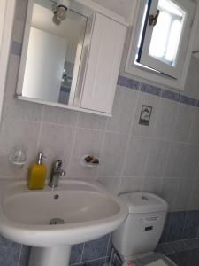 W łazience znajduje się umywalka, toaleta i lustro. w obiekcie Galanos Studios w mieście Naksos