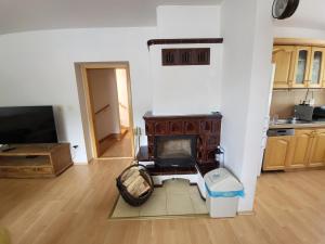 a living room with a fireplace and a television at Dom Bystrá pod Chopkom & wellness in Bystrá