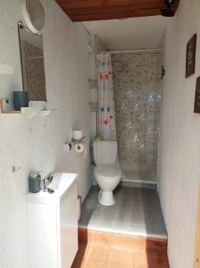 uma casa de banho com um WC, uma banheira e um lavatório. em PlanB - przyczepa kempingowa we wsi Pluski nad samym brzegiem jeziora Pluszne em Pluski