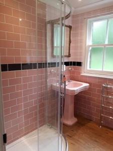 La salle de bains est pourvue d'une douche en verre et d'un lavabo. dans l'établissement Beautiful Traditional secluded country cottage, à Sanquhar