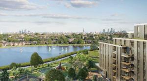 an aerial view of a lake in a city with buildings at Spacious and airy 1 bedroom flat - Great location in London