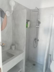 La salle de bains blanche est pourvue d'une douche et d'un lavabo. dans l'établissement private beachfront house, à Lefkos Karpathou