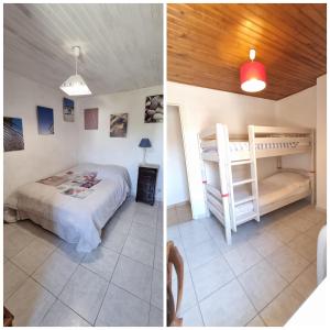 2 fotos de un dormitorio con cama y literas en appartement 2 chambres en Maureillas