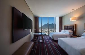蒙特雷的住宿－美洲嘉年華蒙特雷帕韋永M.酒店，酒店客房设有两张床和一台平面电视。