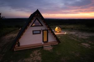una pequeña casa con un techo triangular en un campo en Woodparadise en Nagyrada